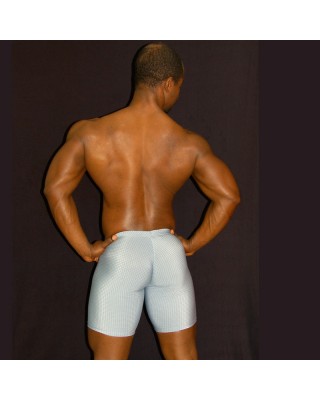 men bulge short tights grey color. Enhancing butt and bulge, back view.