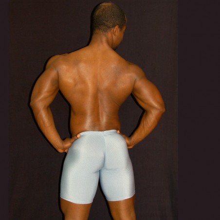 men bulge short tights grey color. Enhancing butt and bulge, back view.