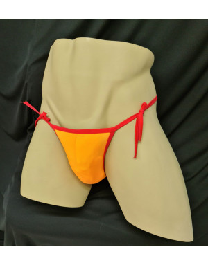bikini made of orange Lycra material with red edges and Lycra straps for tying