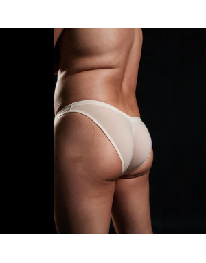 Online sale of men's nylon and Lycra cheeky micro bikini. Imported fabric, cream color.
