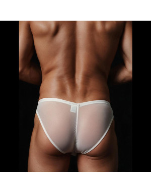 Online sale of men's nylon and Lycra cheeky micro bikini. Imported fabric, cream color.