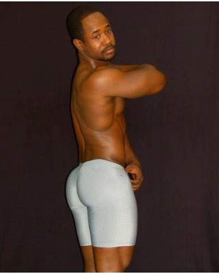men bulge short tights grey color. Enhancing butt and bulge, front view.